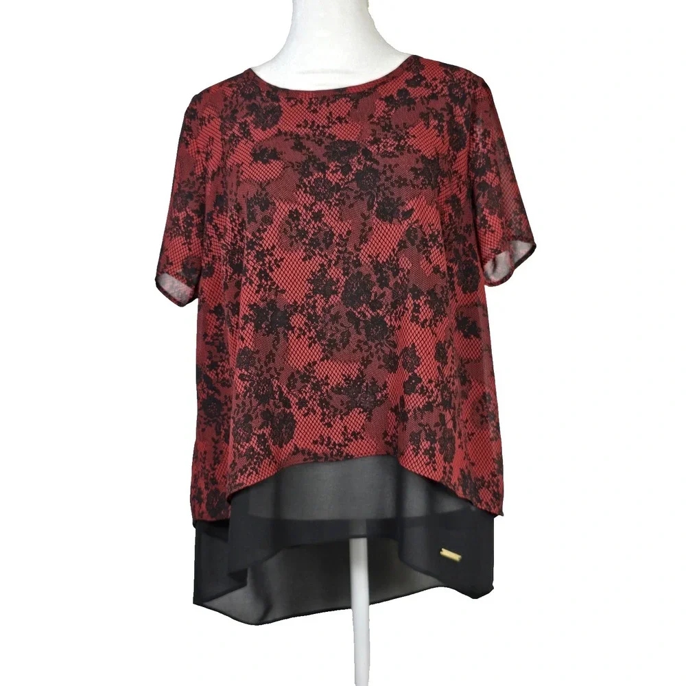 Michael Kors Layered Chiffon Blouse Womens PL Red Black Floral Mesh Split Back